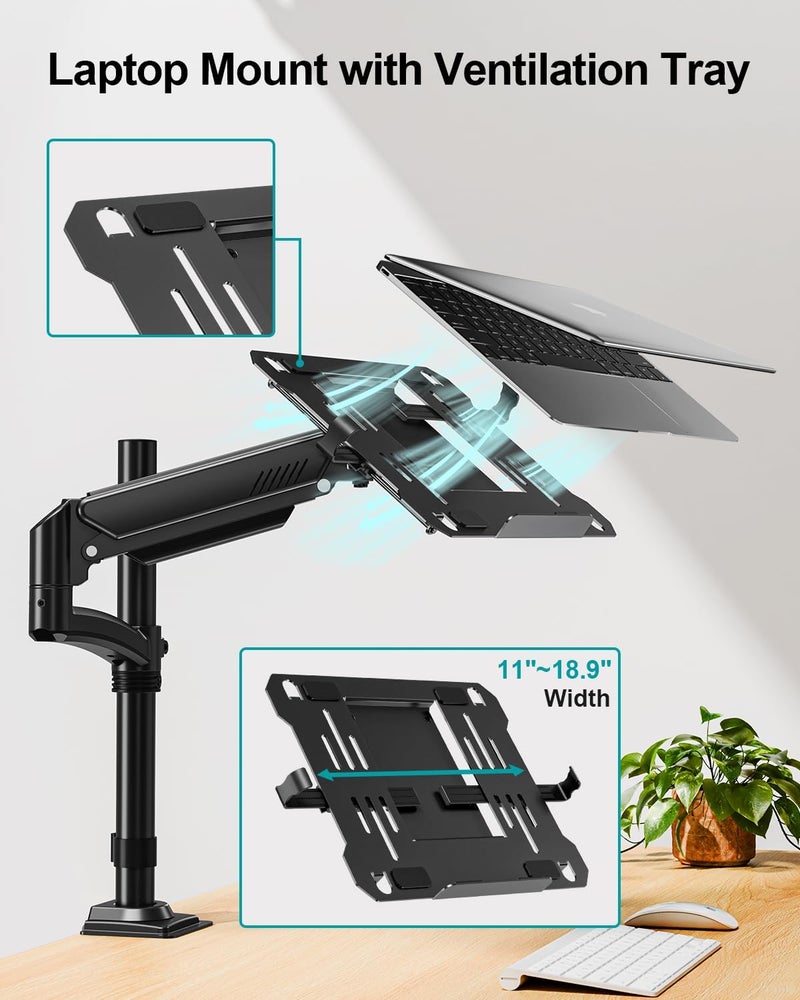 MOUNT PRO Laptop Arm Desk Mount, Single Monitor Stand with VESA Laptop Tray, Adjustable Lap Top Holder for Max 22lbs 17" Notebook & 32" Computer Screen, Swivel Notebook Bracket, Clamp on/Grommet Base - Image 3